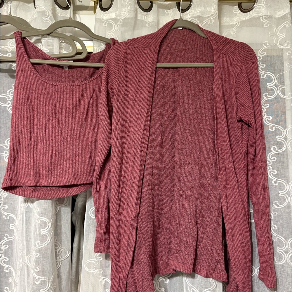 Fashion Nova Ribbed Knit Cardigan and Tank Set - Maroon